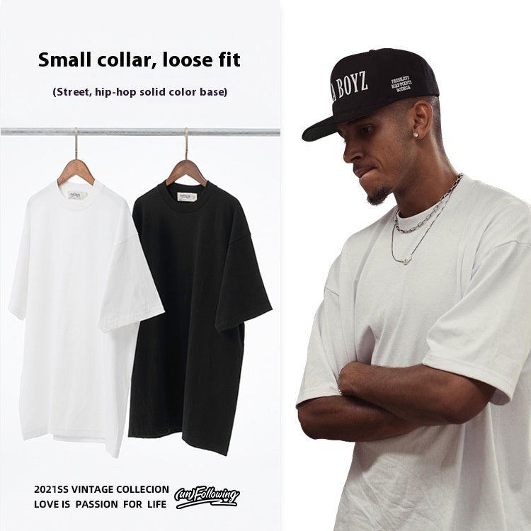 Small Collar Heavy Bottoming Shirt American High Street Solid Color Round Neck Short Sleeves