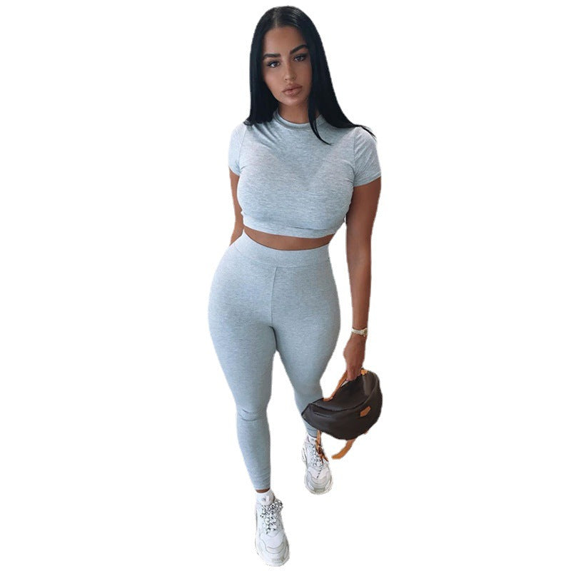 Fashion Casual Short Sleeve Midriff-baring Top Sports Suit
