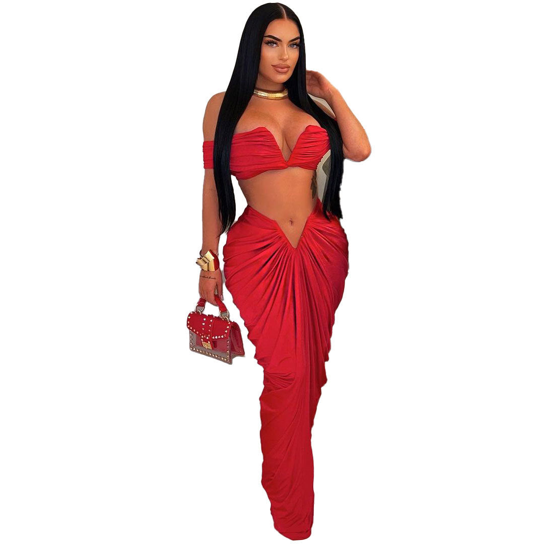 Sleeveless Tube Top Stretch Tight Mop Pleated Skirt Two-piece Set